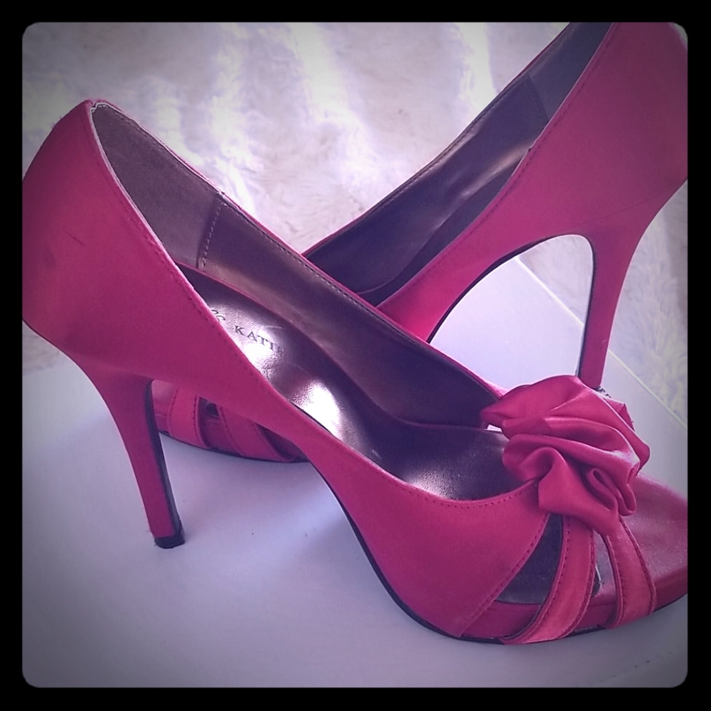 Red satin open toe heels